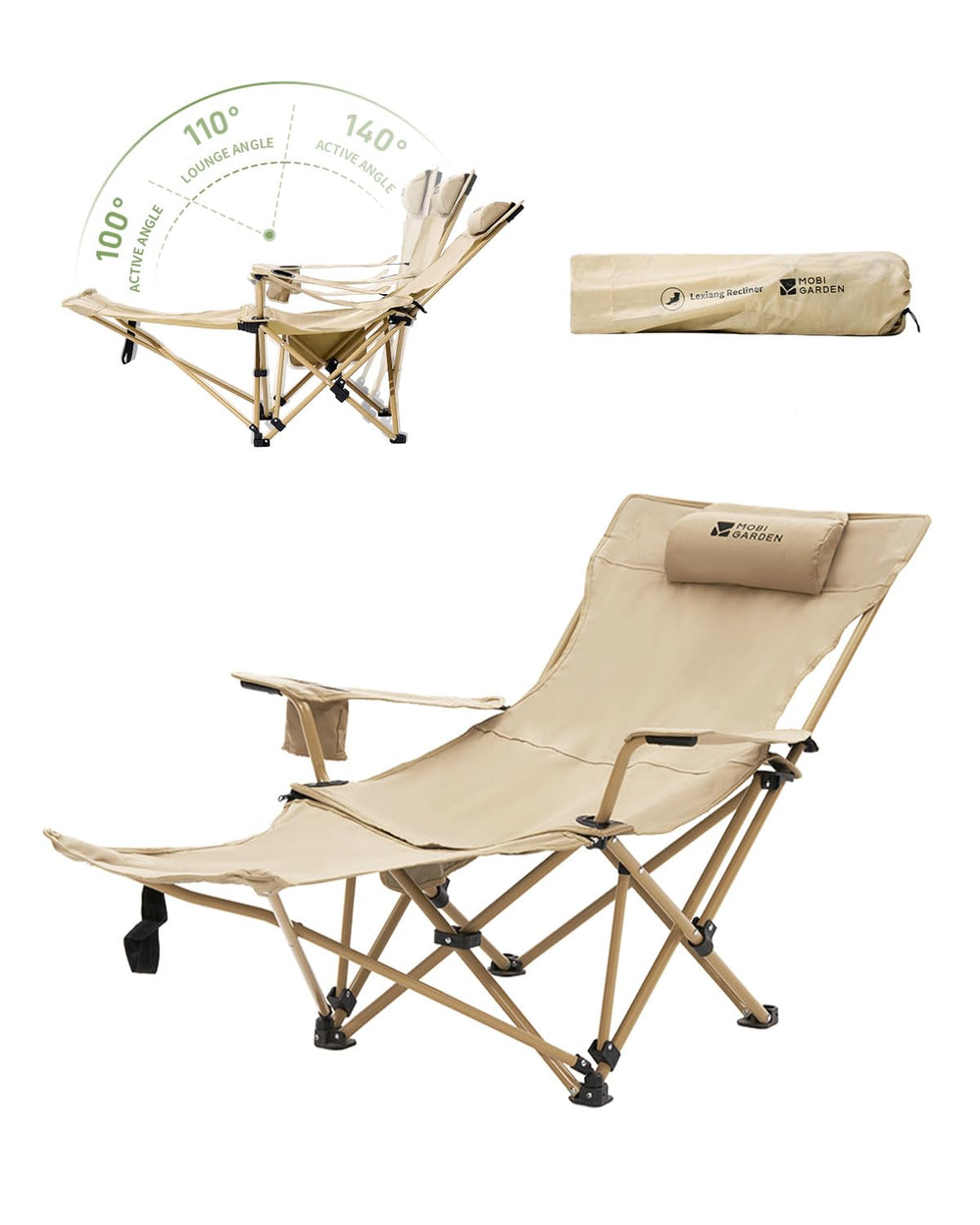MOBI GARDEN reclining camping chair with four-position backrest for customizable outdoor comfort.