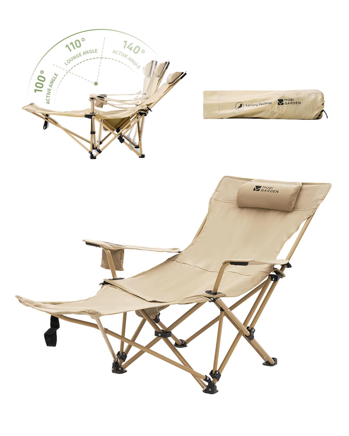 MOBI GARDEN reclining camping chair with four-position backrest for customizable outdoor comfort.