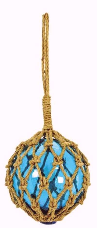 Moby Dick Specialties Japanese glass float with weathered rope, blue, 8-inch coastal decor.