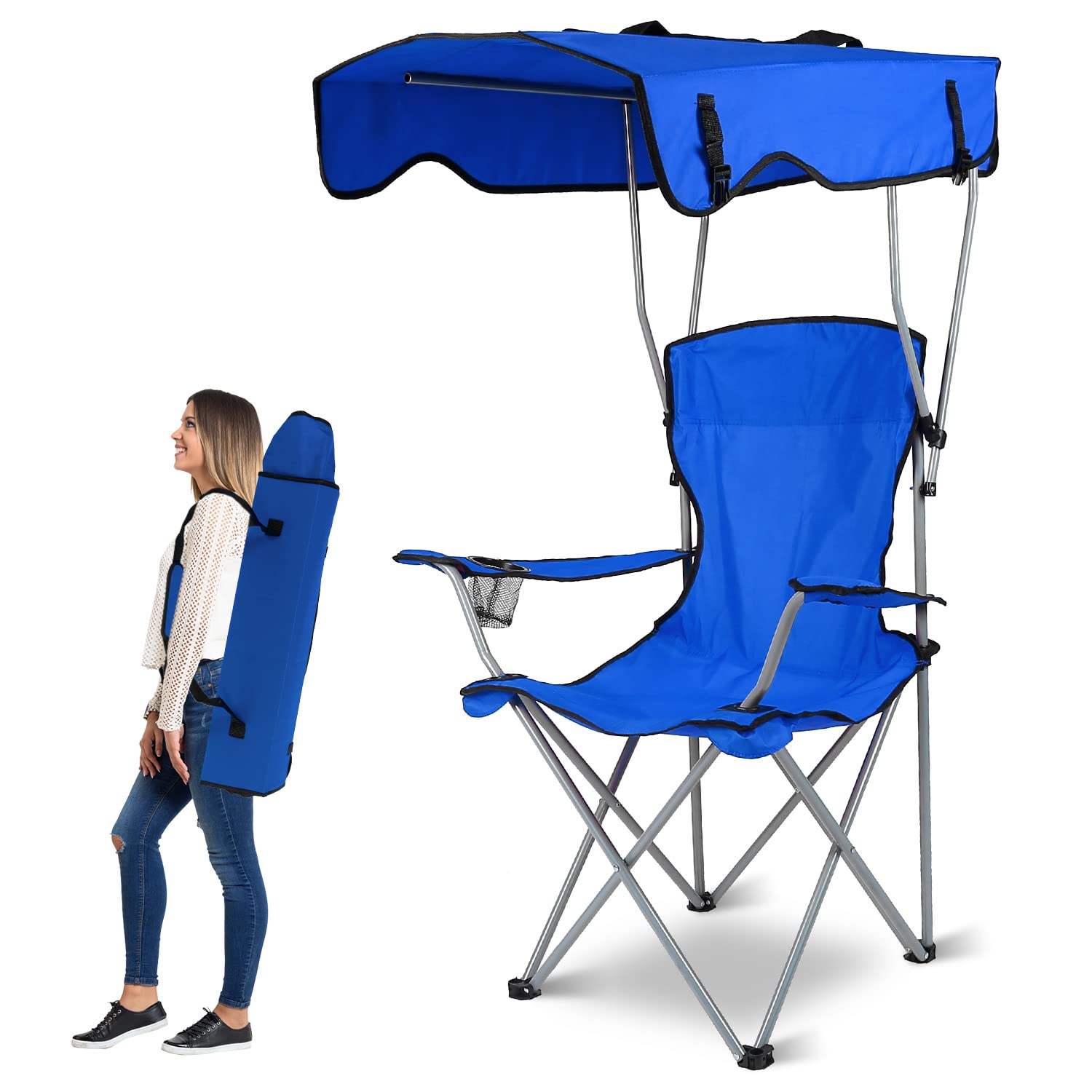 Moclever folding canopy camp chair with extended canopy for complete sun protection at the beach.