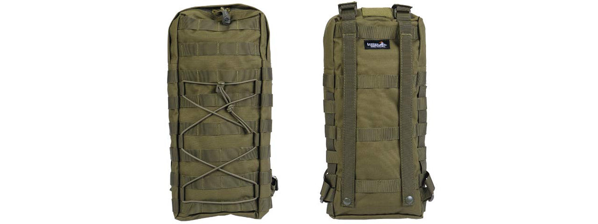 Modern Airsoft Tactical Hydration Pack front view in green for on-the-go hydration.