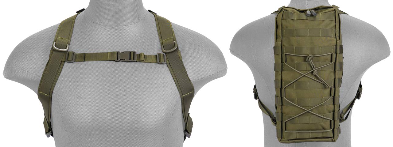 Modern Airsoft hydration pack close-up of Molle webbing for modular attachments.