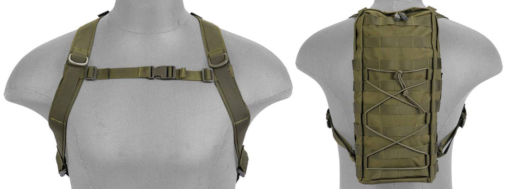 Modern Airsoft hydration pack close-up of Molle webbing for modular attachments.