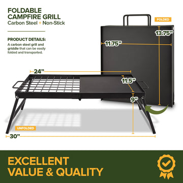 Modern Innovations campfire grill legs extended for stable outdoor cooking.