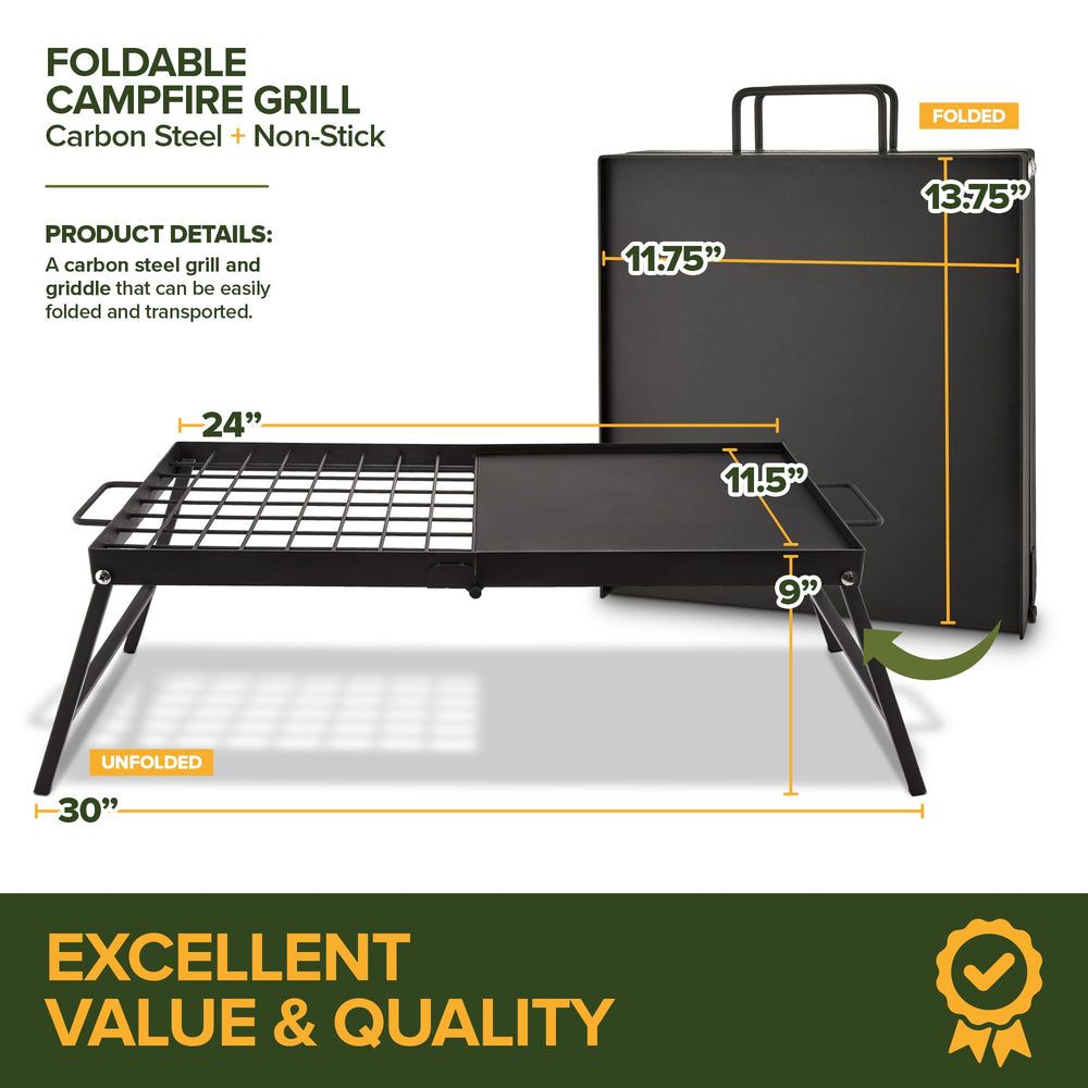 Modern Innovations campfire grill legs extended for stable outdoor cooking.