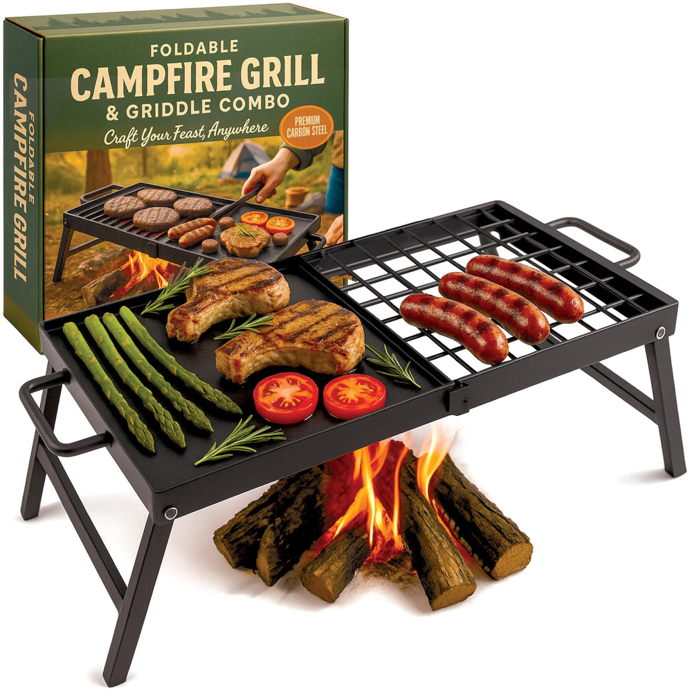Modern Innovations carbon steel foldable grill setup for portable campfire cooking.