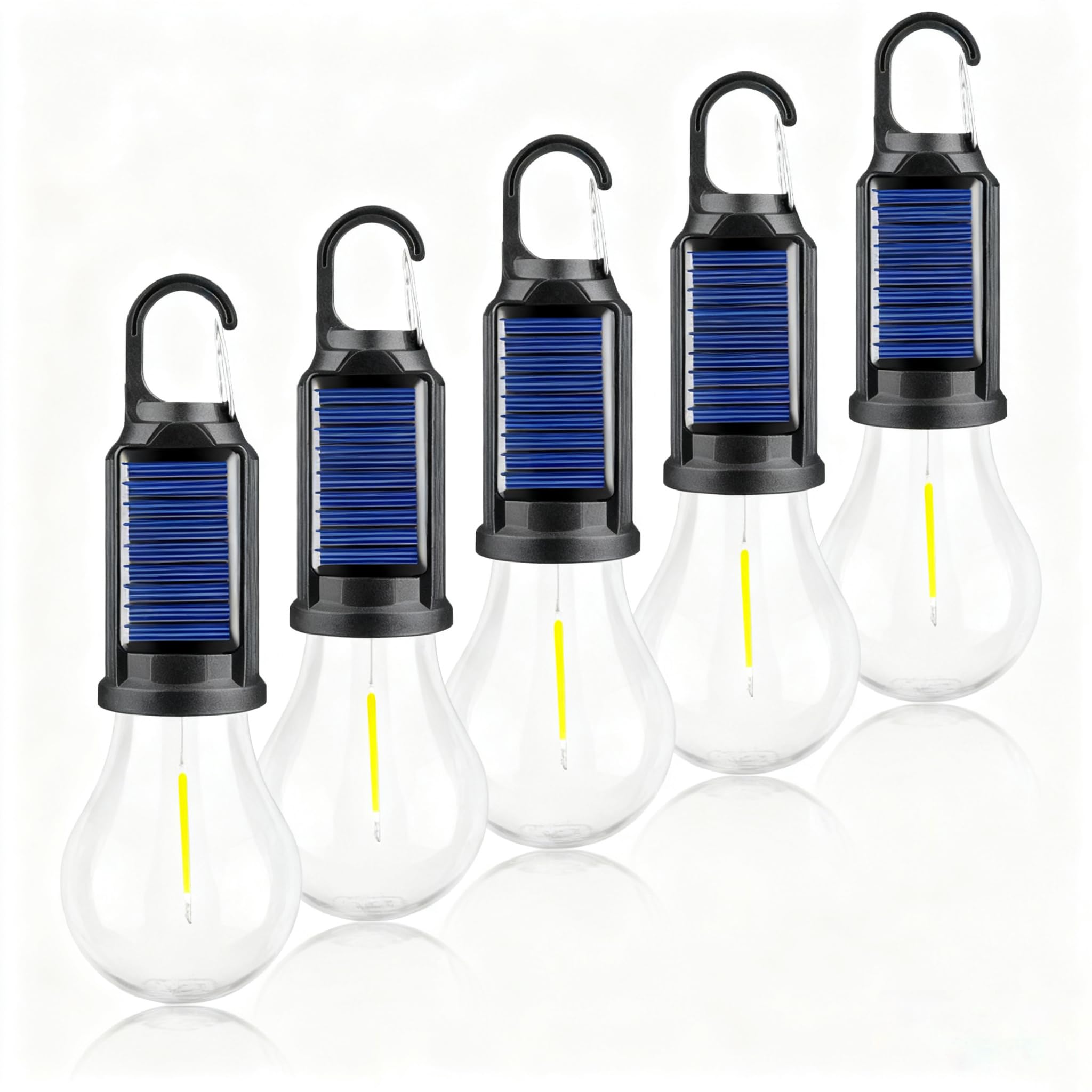 MODOAO 5-pack solar LED camping lights shown in a carry case for versatile outdoor use.