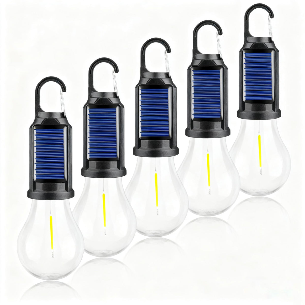 MODOAO 5-pack solar LED camping lights shown in a carry case for versatile outdoor use.