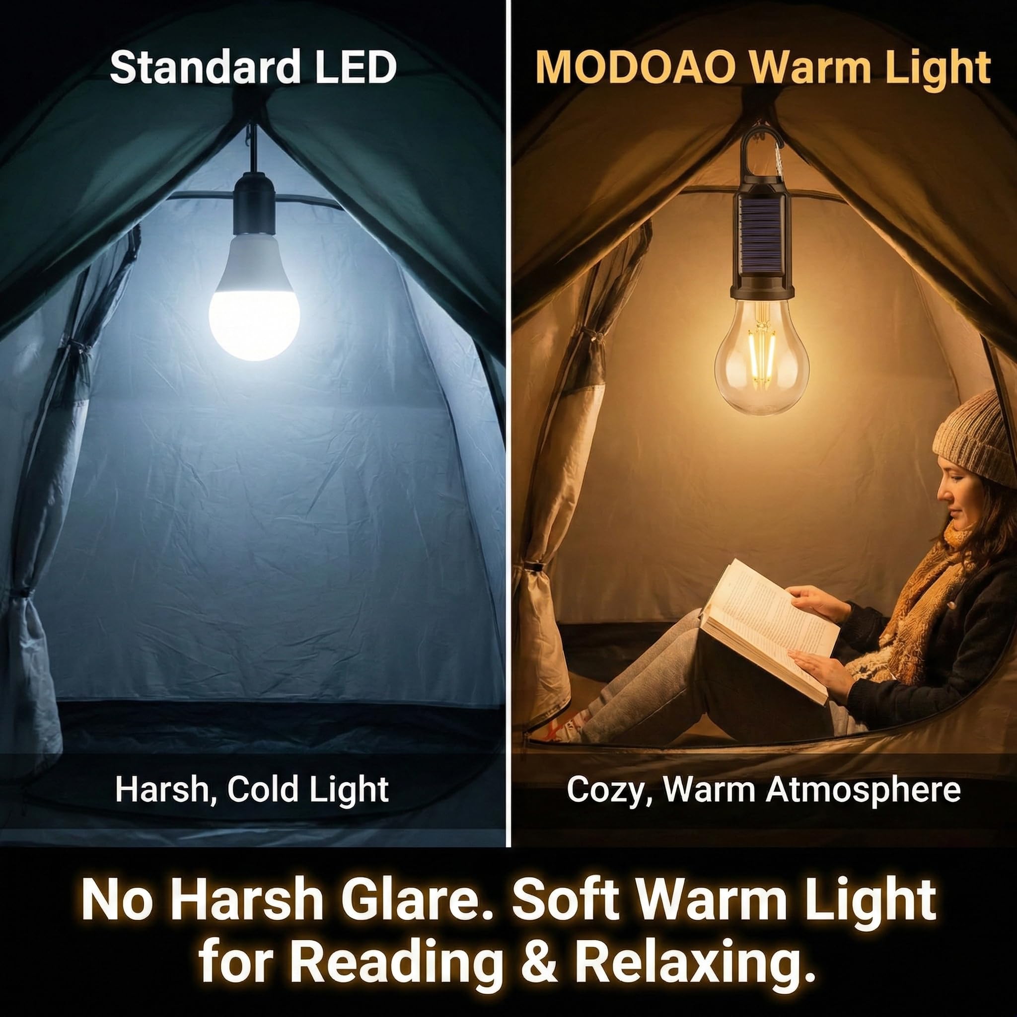 Modoao solar camping light with three brightness levels.
