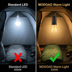 MODOAO USB-C rechargeable tent lantern for quick top-ups on camping trips.