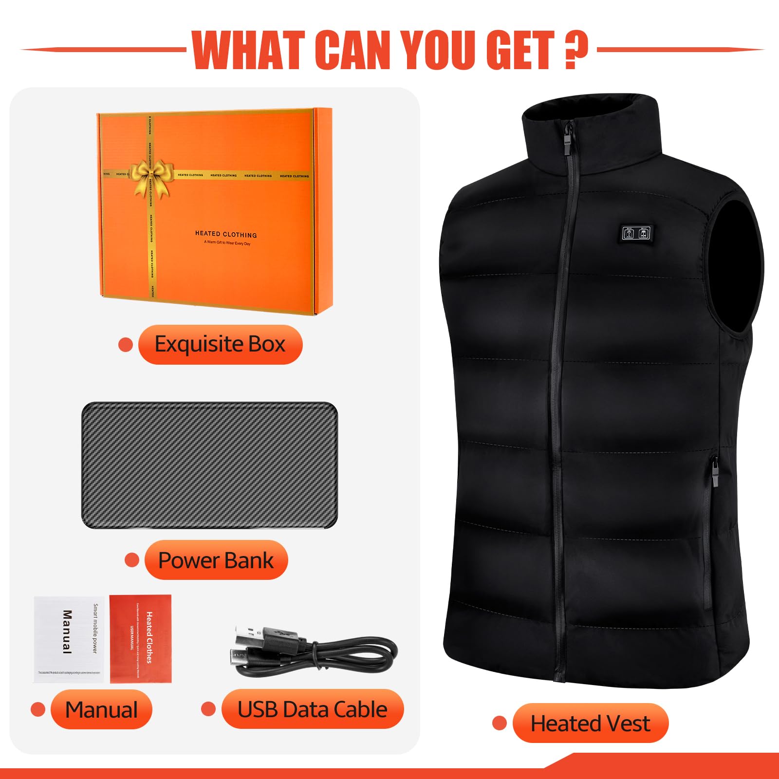 Moeput heated vest care image showing removable battery and machine-washable design.