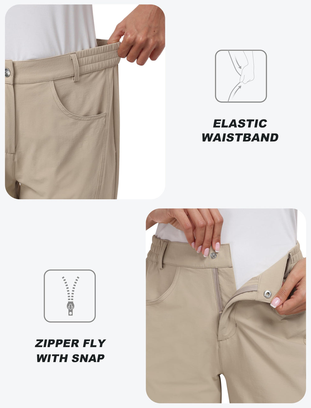 MoFiz capri pants water-resistant fabric sheds moisture.