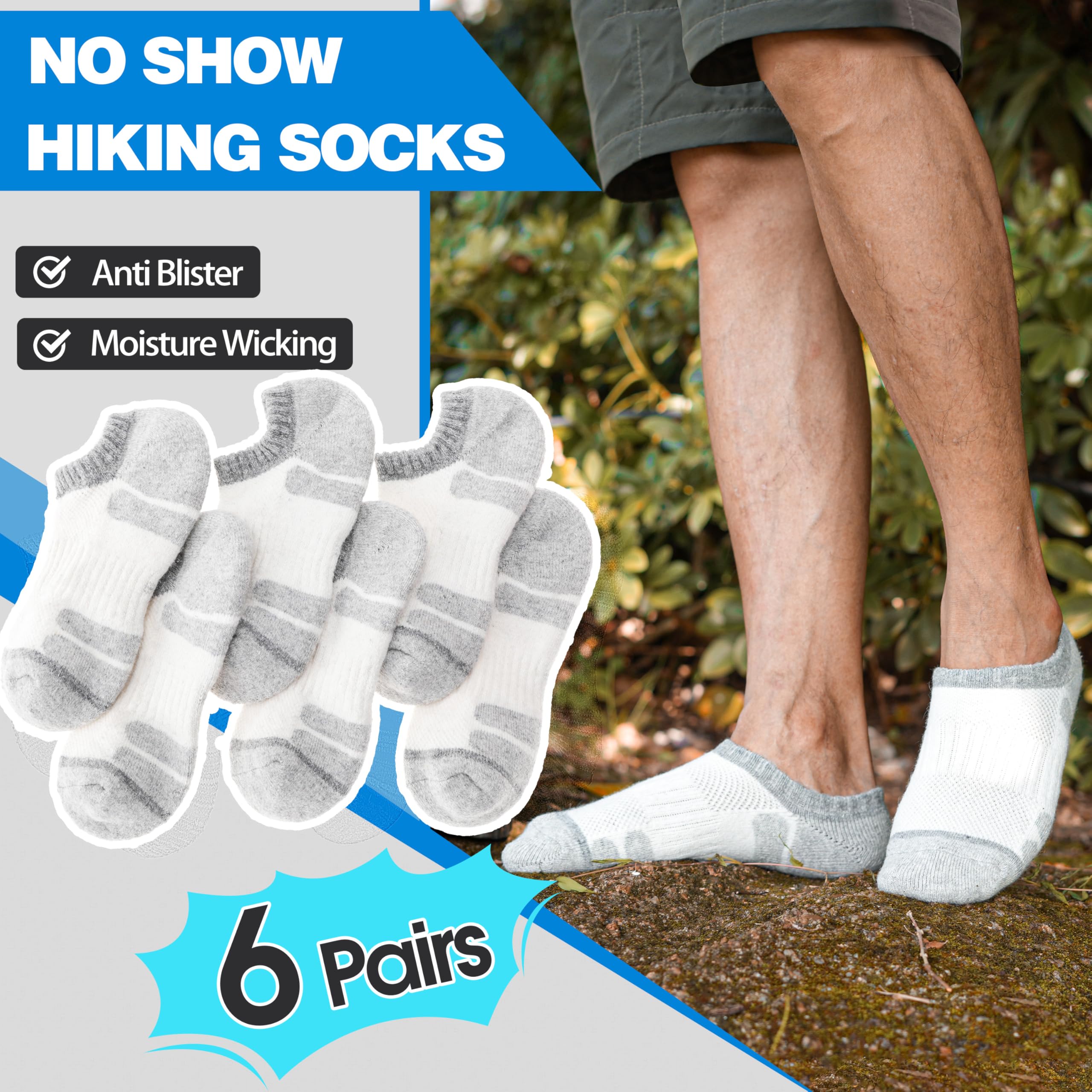 MOGGEI merino wool hiking socks no-show with cushioned sole, white side view for shock absorption.