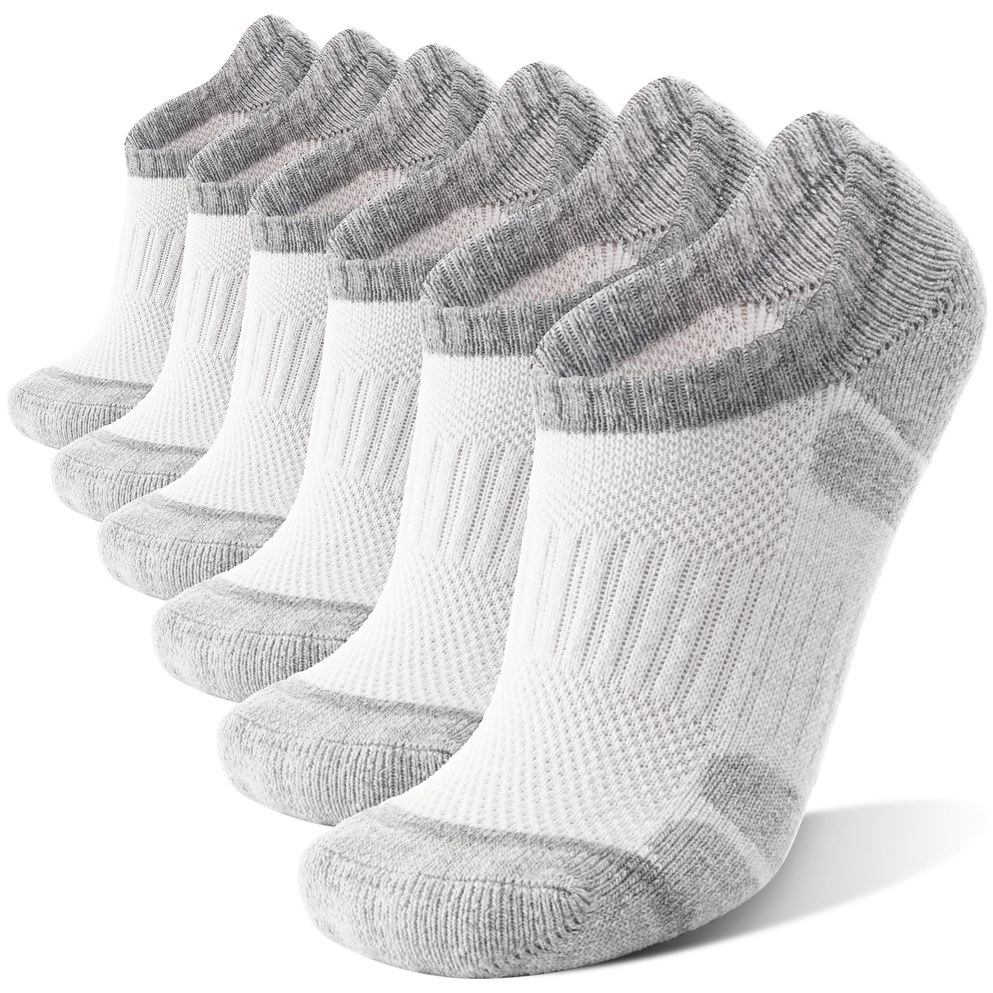 MOGGEI merino wool no-show hiking socks, white front view, six-pair pack for everyday comfort.