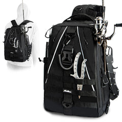 MoiShow ultralight fishing tackle backpack - front view with rod holder
