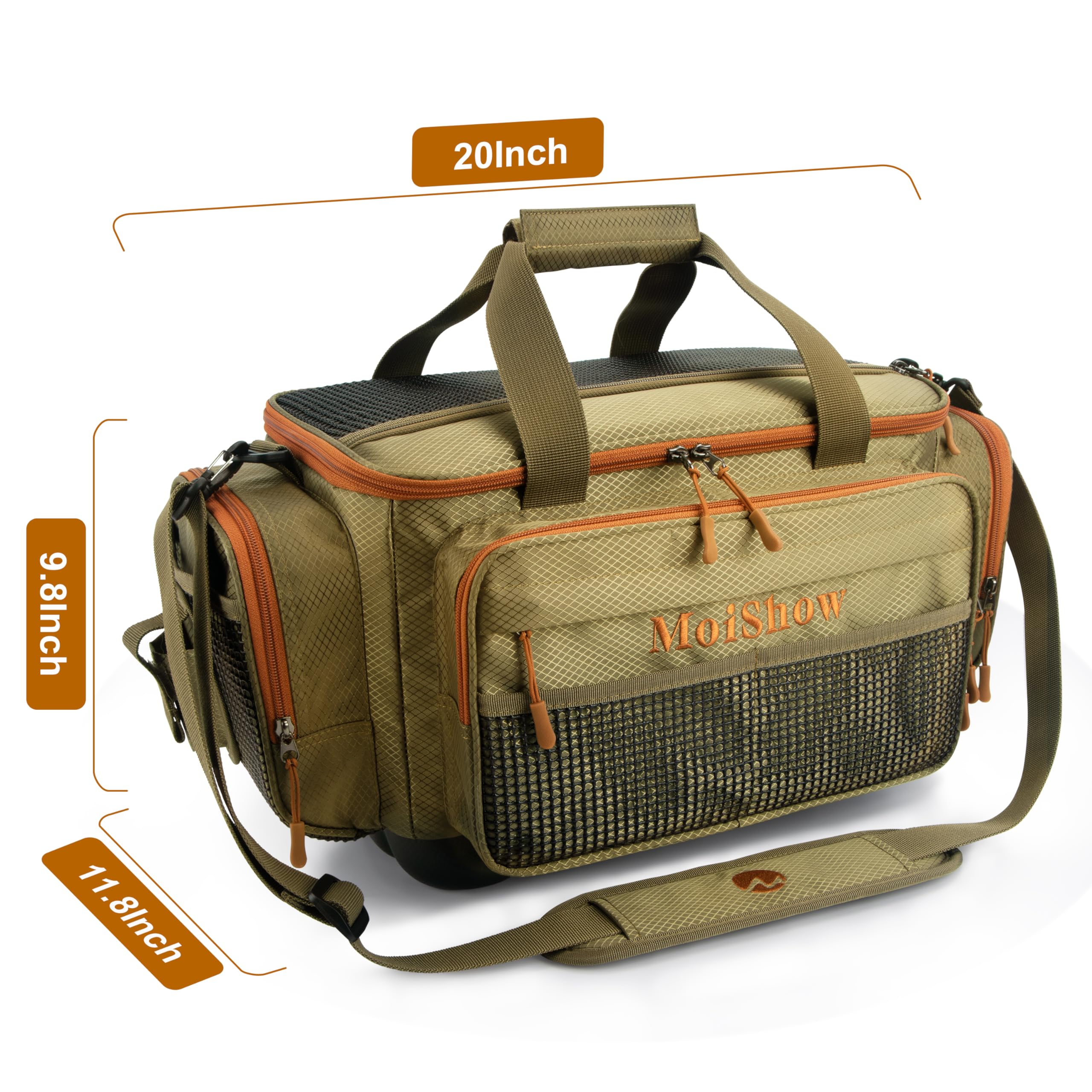 MoiShow fishing tackle box bag with outer mesh pockets keeps small gear organized.