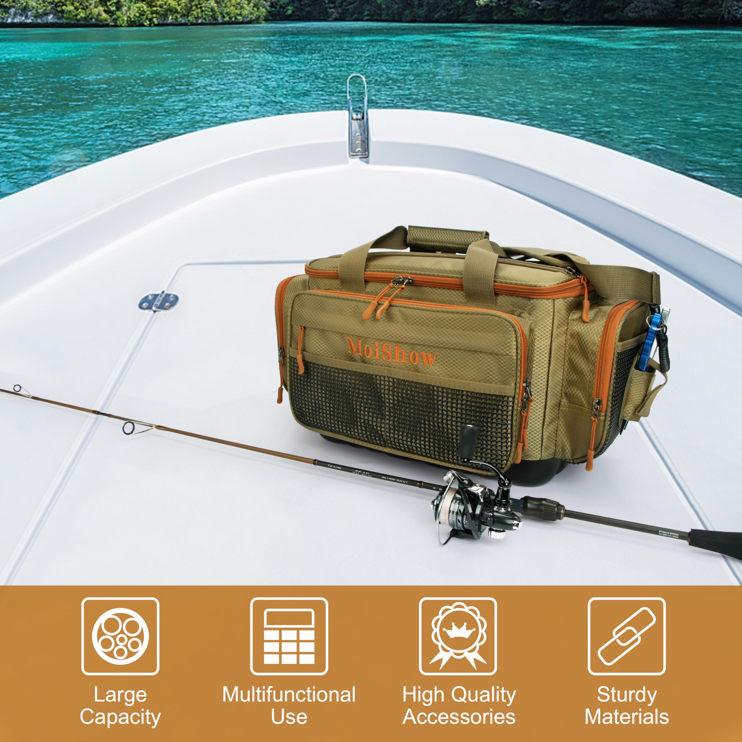 MoiShow tackle bag padded shoulder strap reduces fatigue on long days.