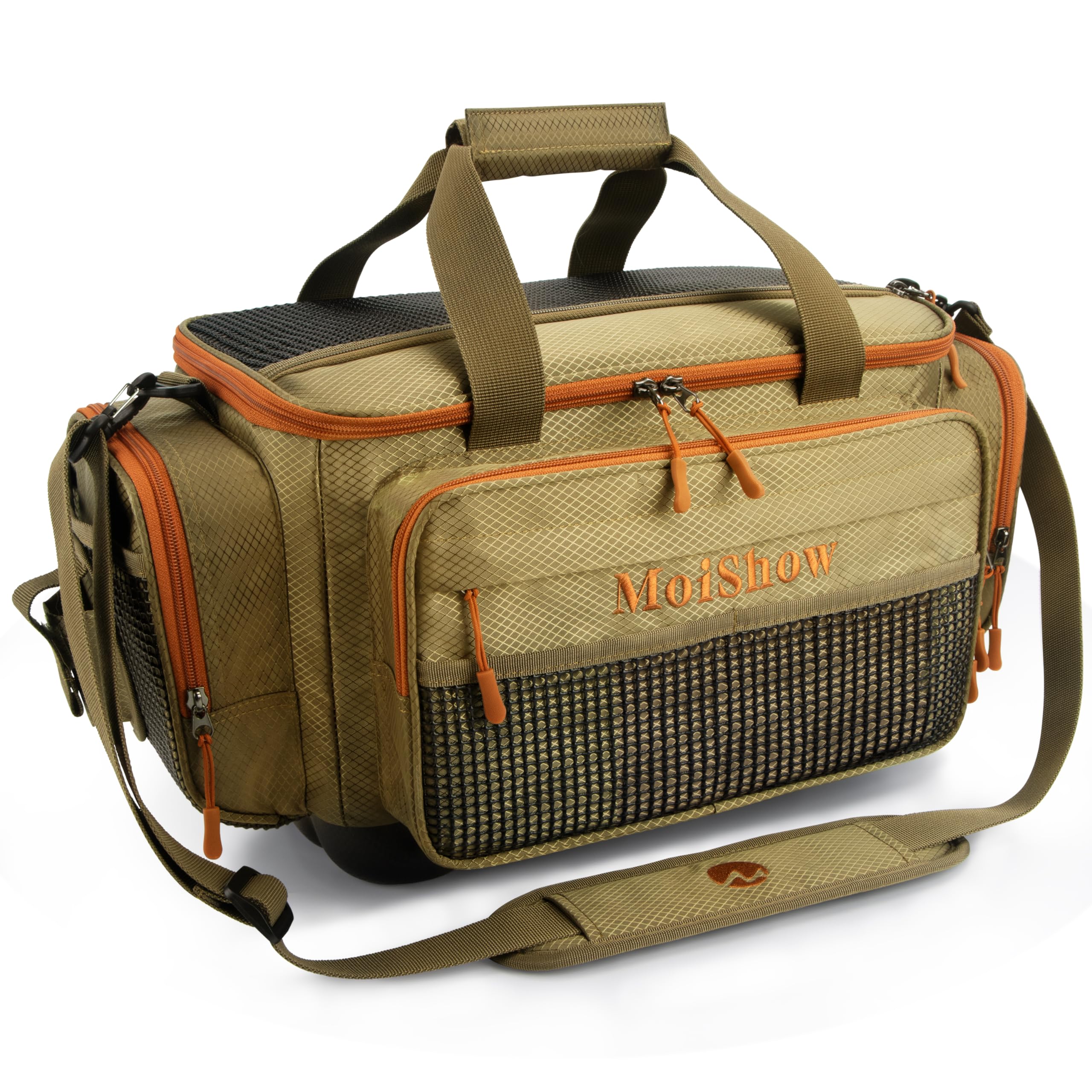 MoiShow fishing tackle box bag side pocket for quick access during fishing.