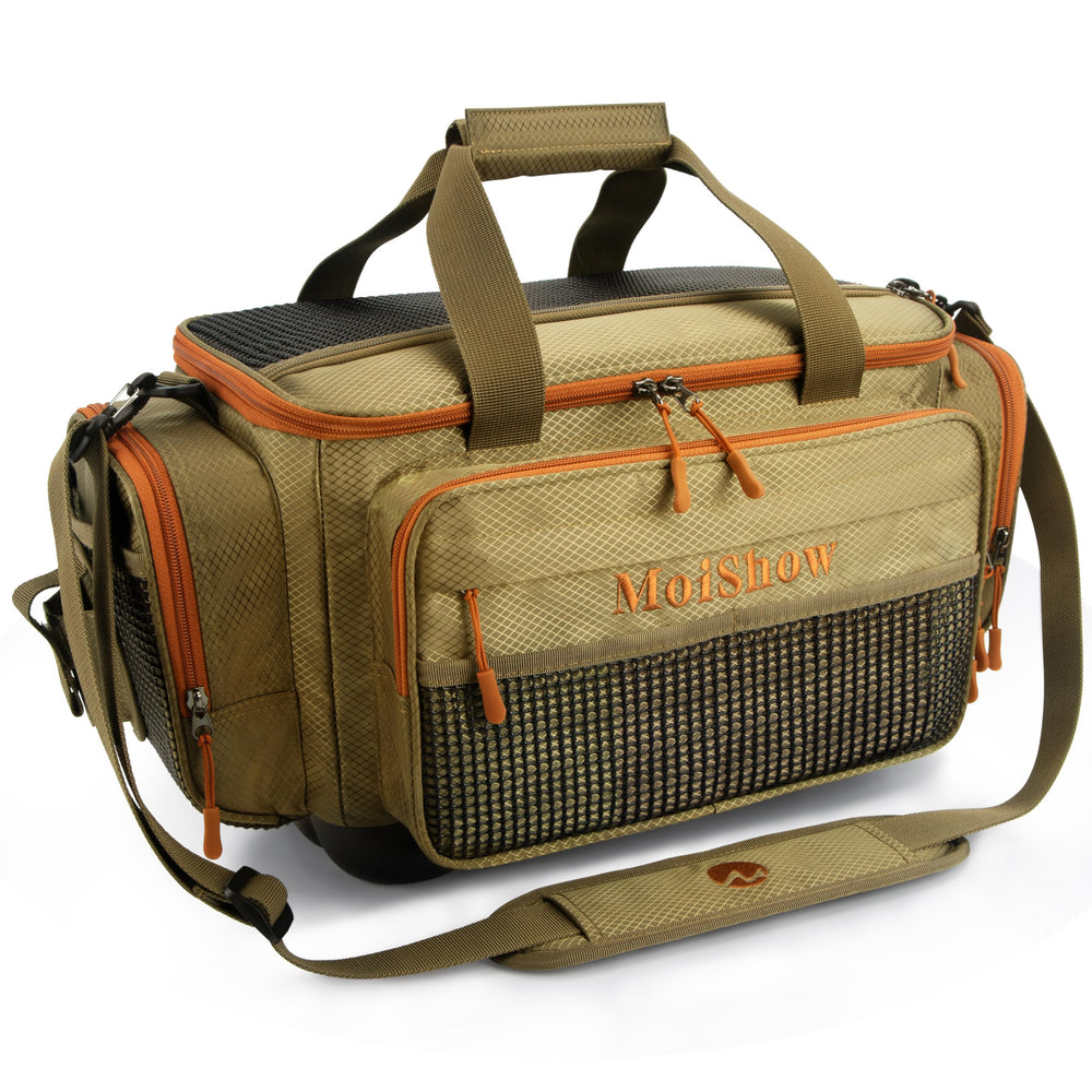 MoiShow fishing tackle box bag side pocket for quick access during fishing.