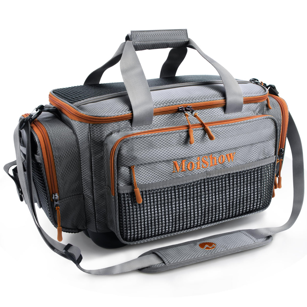 MoiShow grey front view shows spacious compartments for 3700 and 3600 tackle boxes.