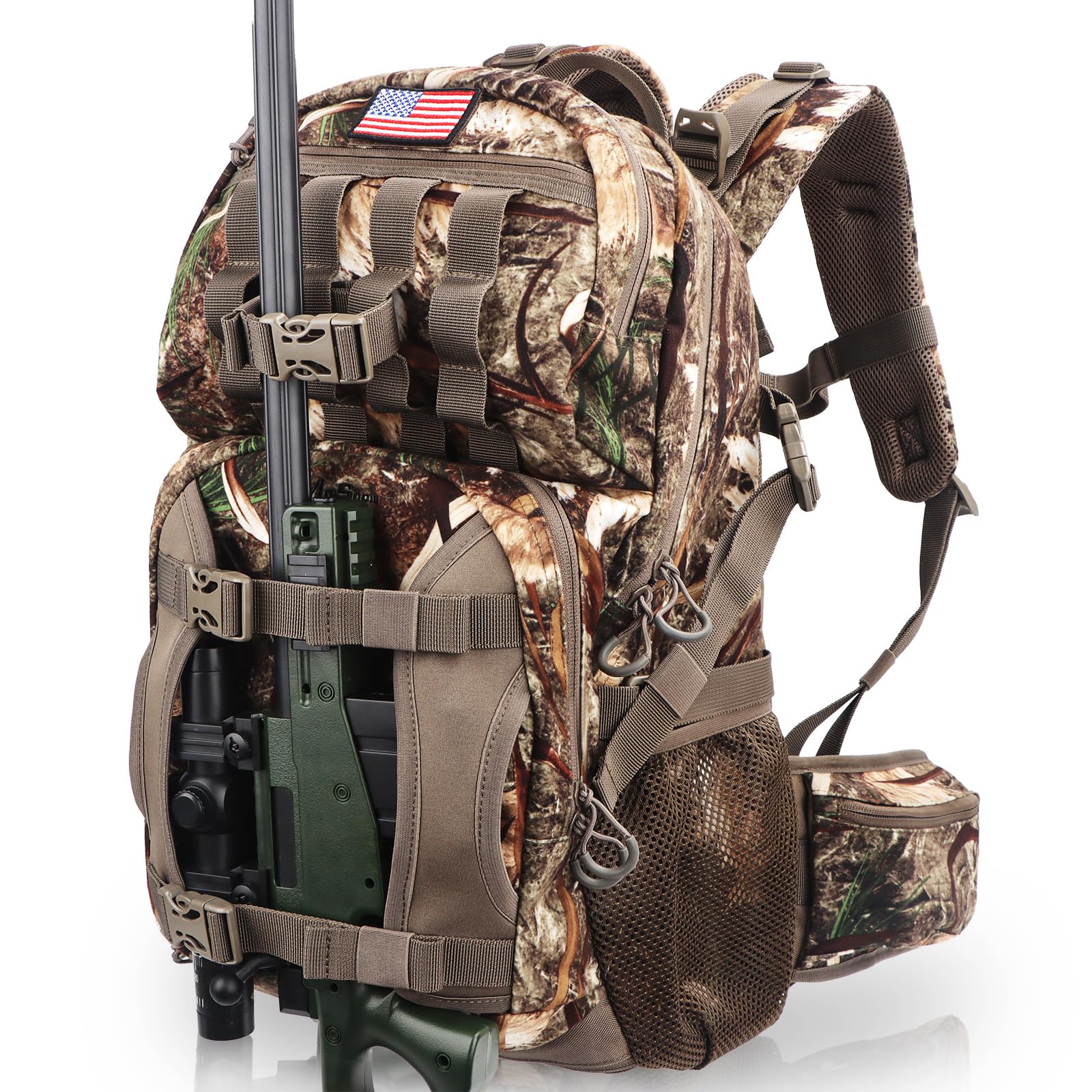 MoiShow hunting backpack with stealth reed camo improves concealment in the woods