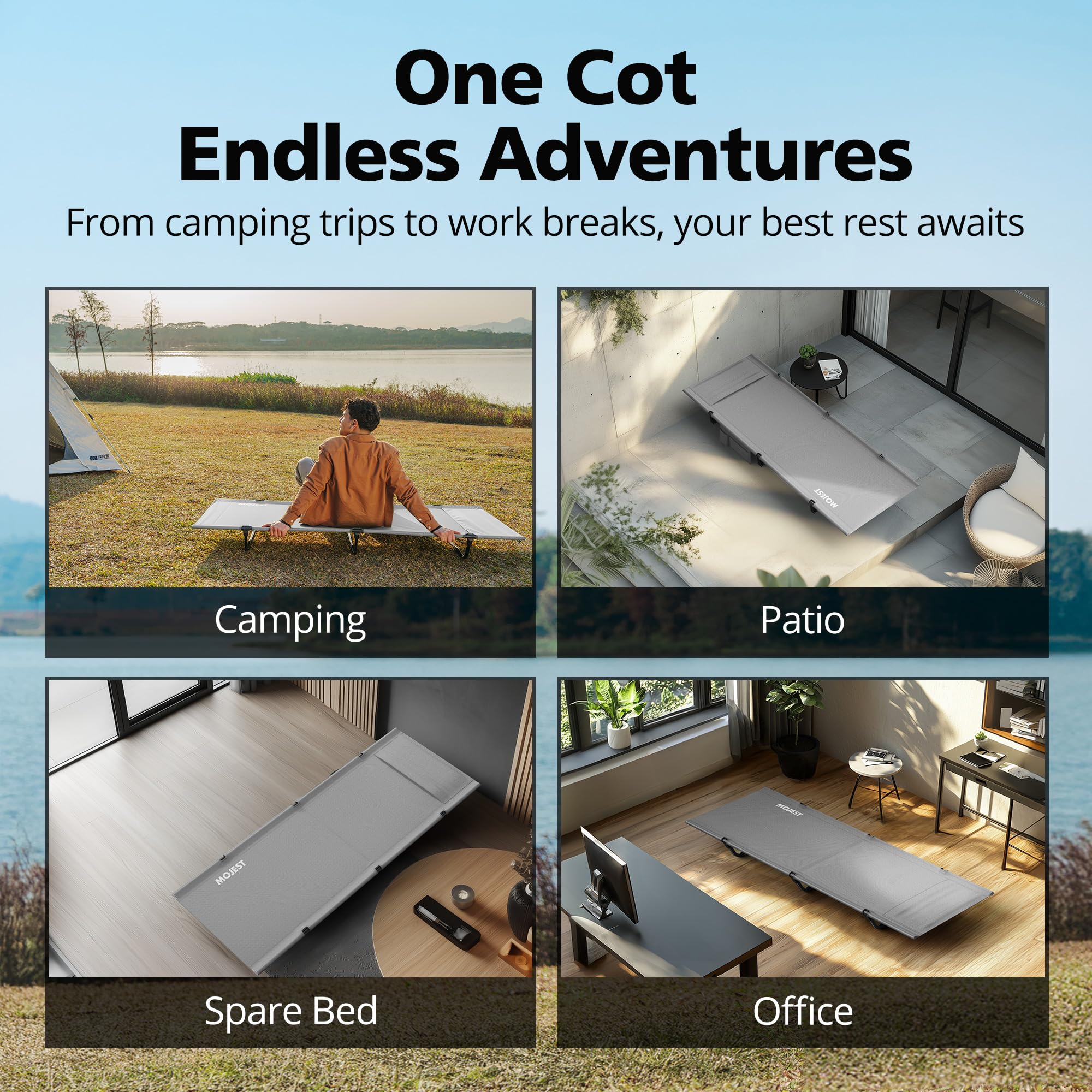 Mojest Ultralight Camping Cot packed in a backpack for travel.