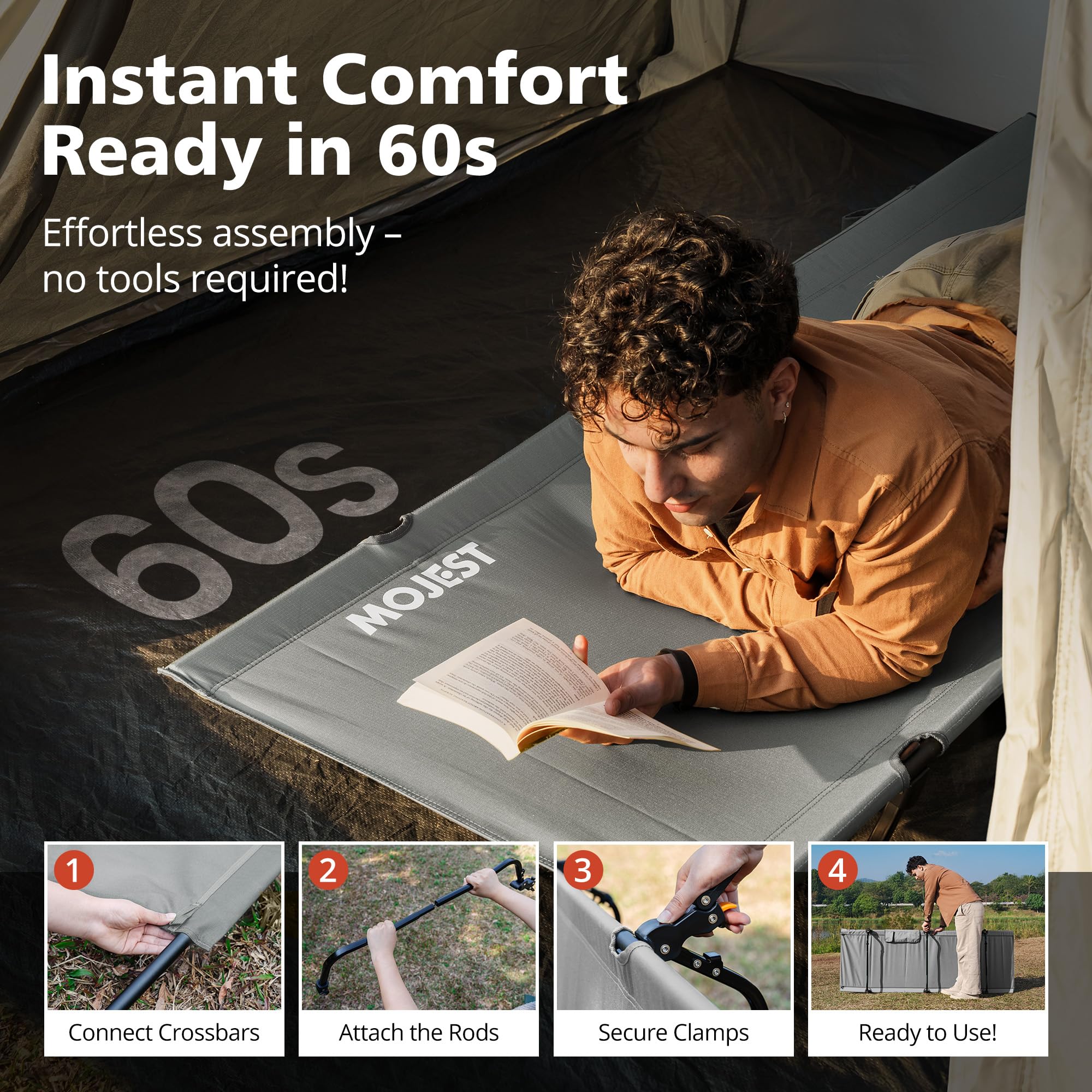 Mojest Ultralight Camping Cot bed surface ready for a comfortable night.
