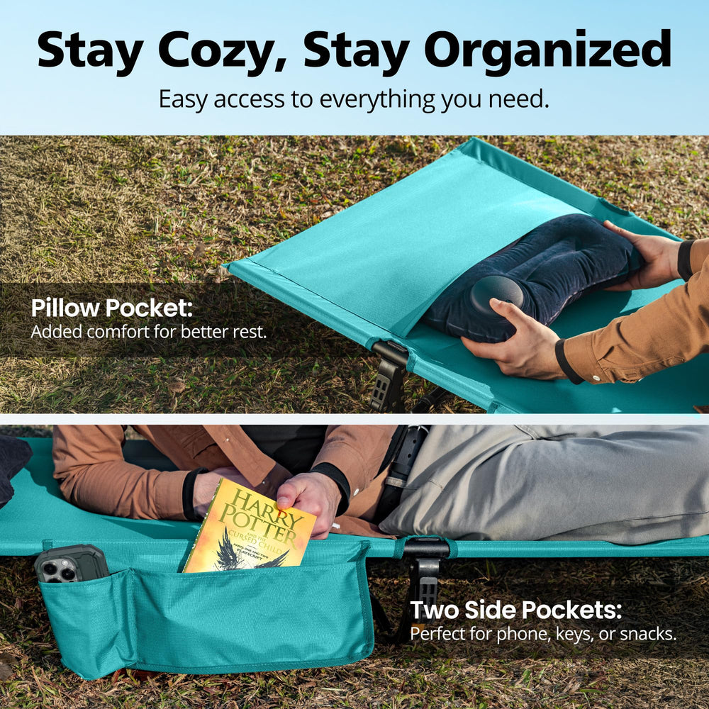 Mojest Ultralight Camping Cot blue on campsite ready for a restful night