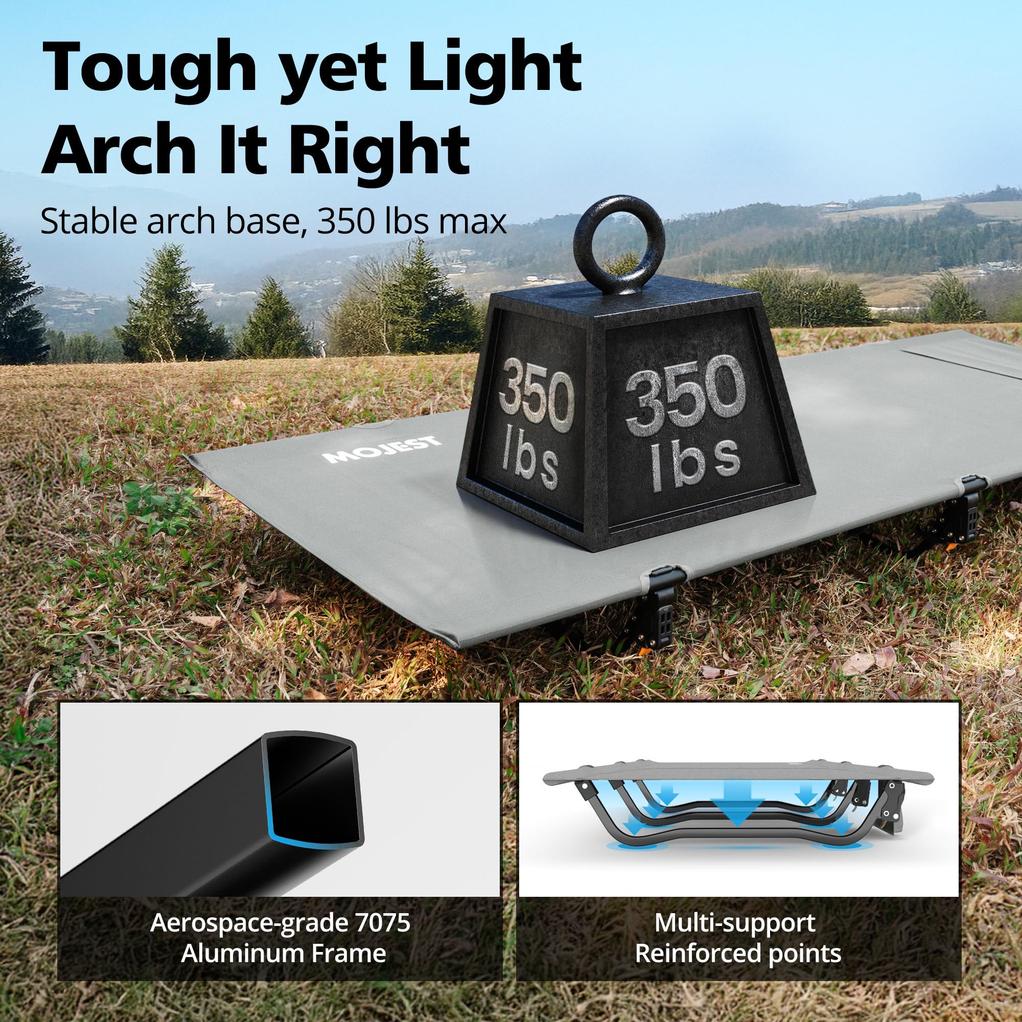 Mojest Ultralight Camping Cot folded compact for easy transport.
