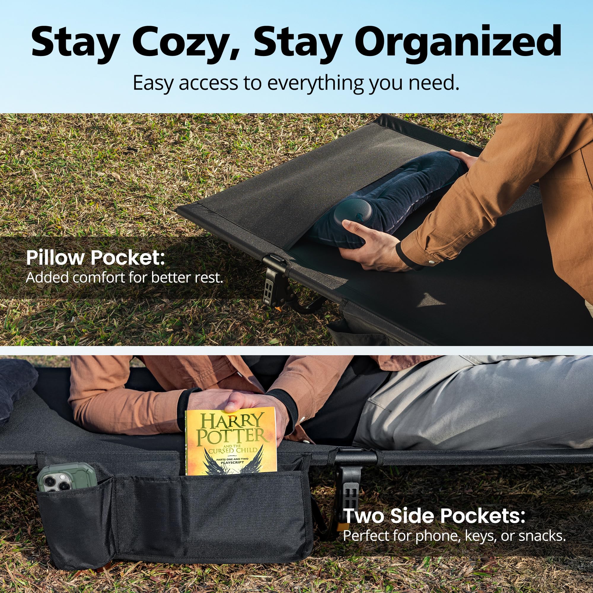 Mojest Ultralight Camping Cot lever-setup enables quick assembly after familiarity.