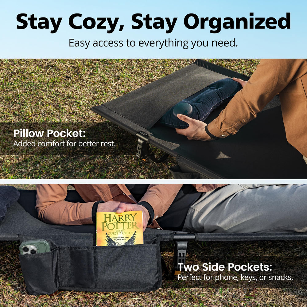 Mojest Ultralight Camping Cot lever-setup enables quick assembly after familiarity.
