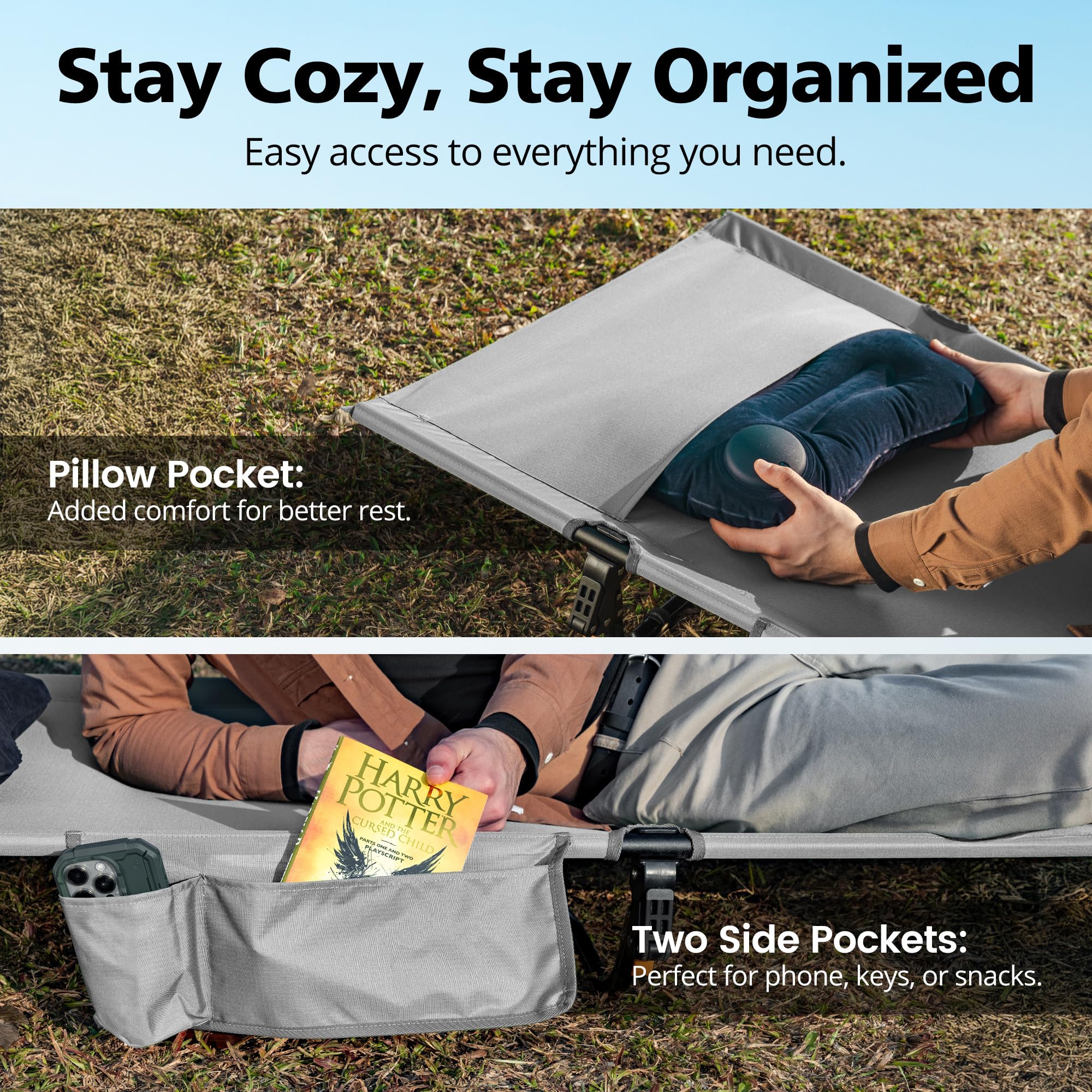 Mojest Ultralight Camping Cot built-in side pocket keeps essentials handy.
