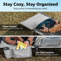 Mojest Ultralight Camping Cot built-in side pocket keeps essentials handy.