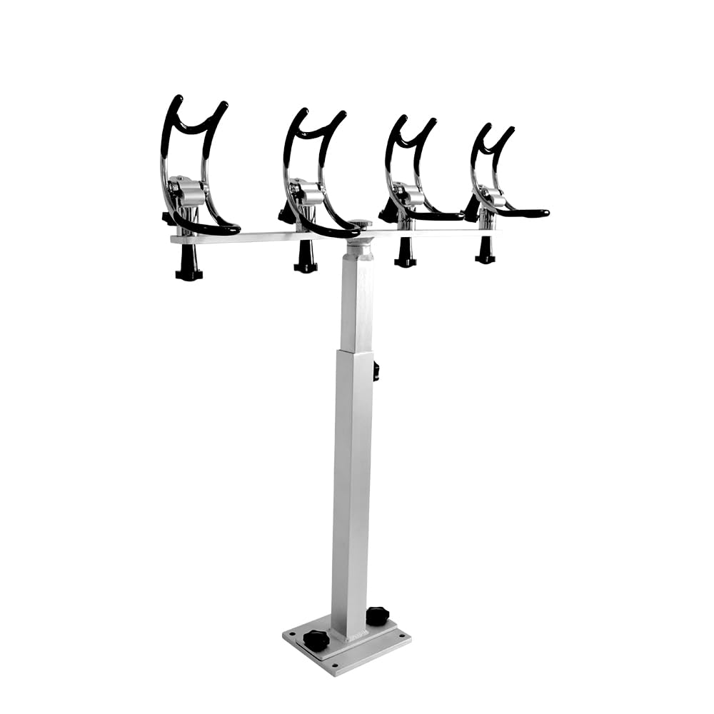 Mojiate secure-clamp rod holder in-use on a boat keeps lines organized.
