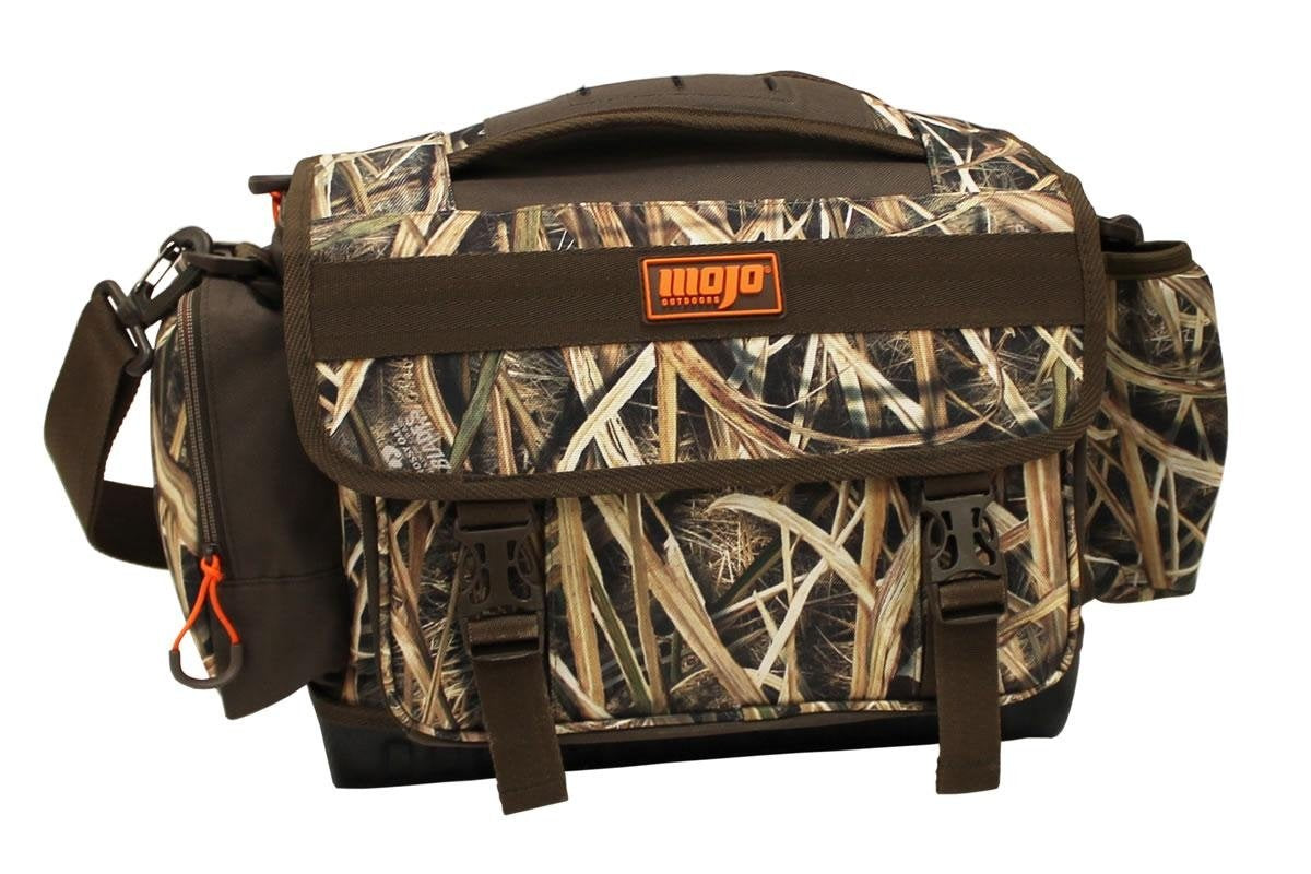 MOJO Outdoors timber blind bag front view showing organized gear layout for hunting