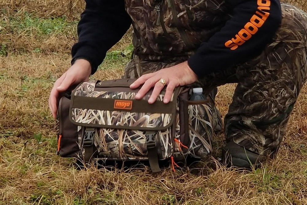 MOJO Outdoors timber blind bag close-up of waterproof bottom for rugged conditions