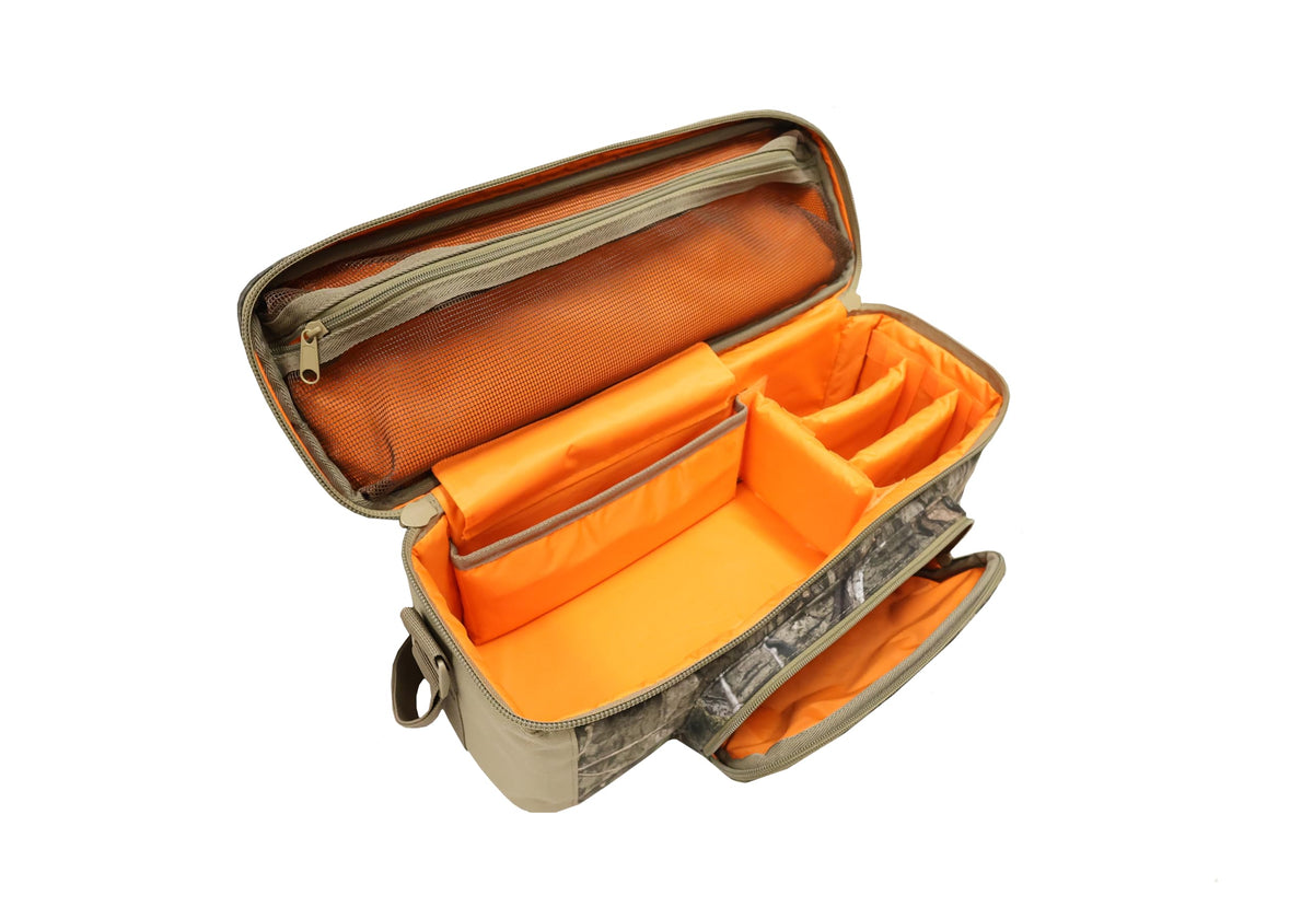 MOJO Outdoors Triple Threat 2 Bag shows custom-fit storage for the E-Caller, promoting organized gear.