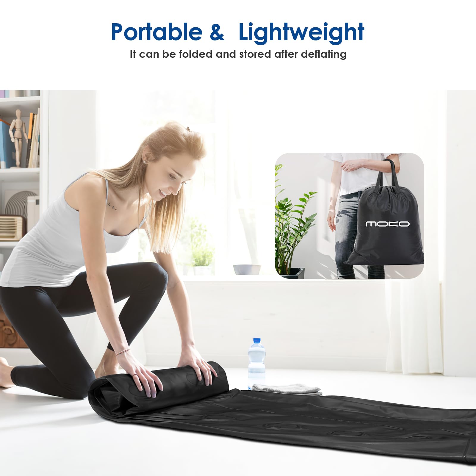MoKo air mattress with carry bag and pockets keeps essentials close by for travel.