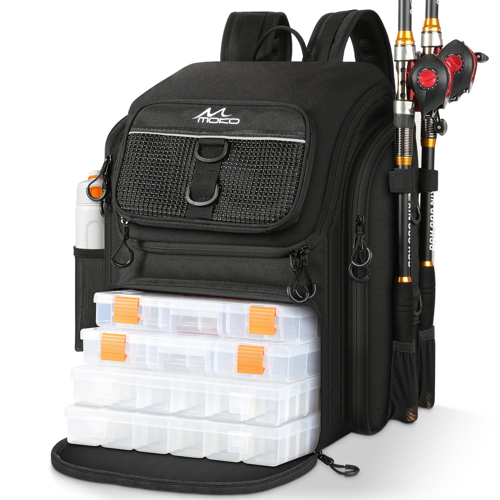 MoKo fishing backpack 40L side view highlights rugged durability for outdoor days.