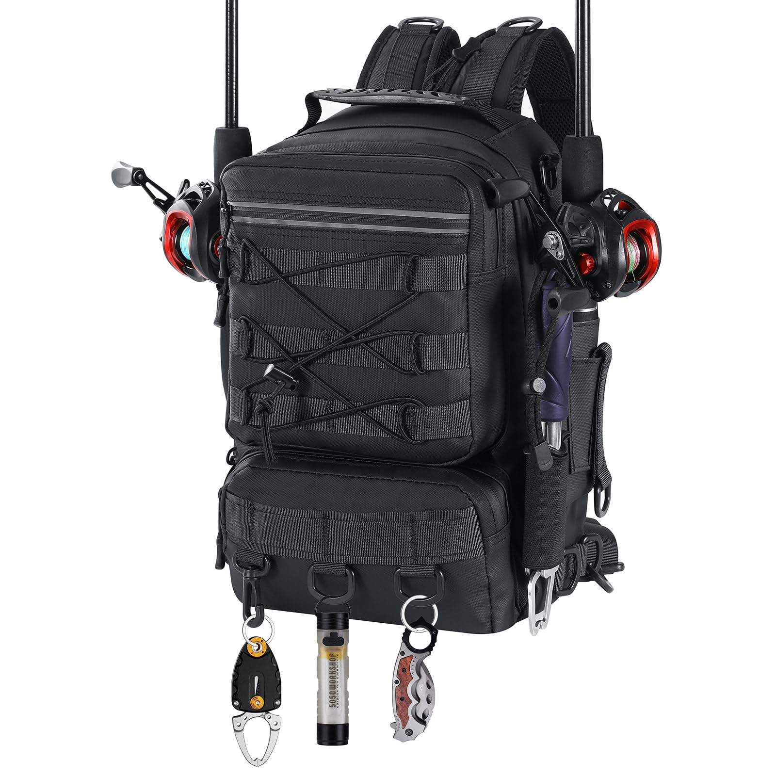 Front view of MoKo fishing backpack sling bag with two Lua fishing rods