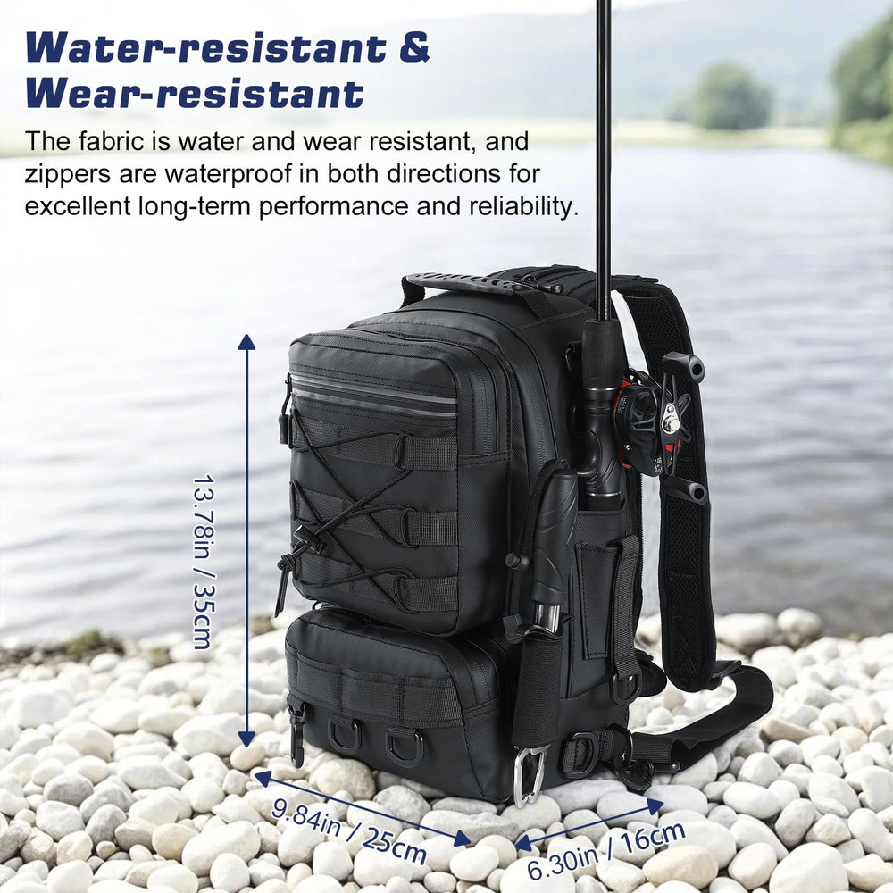 Main compartment with three zippered pockets for bait boxes and gear