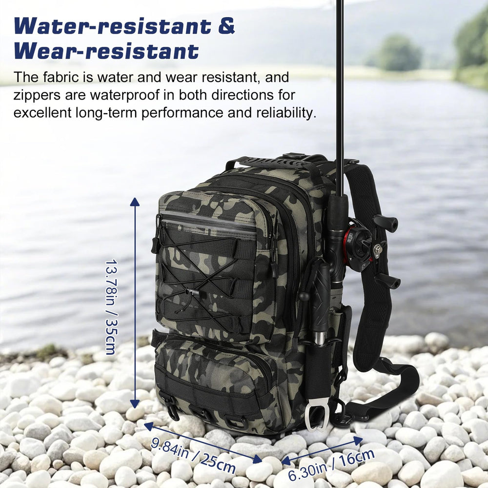 Three zippered pockets and included straps on MoKo fishing backpack