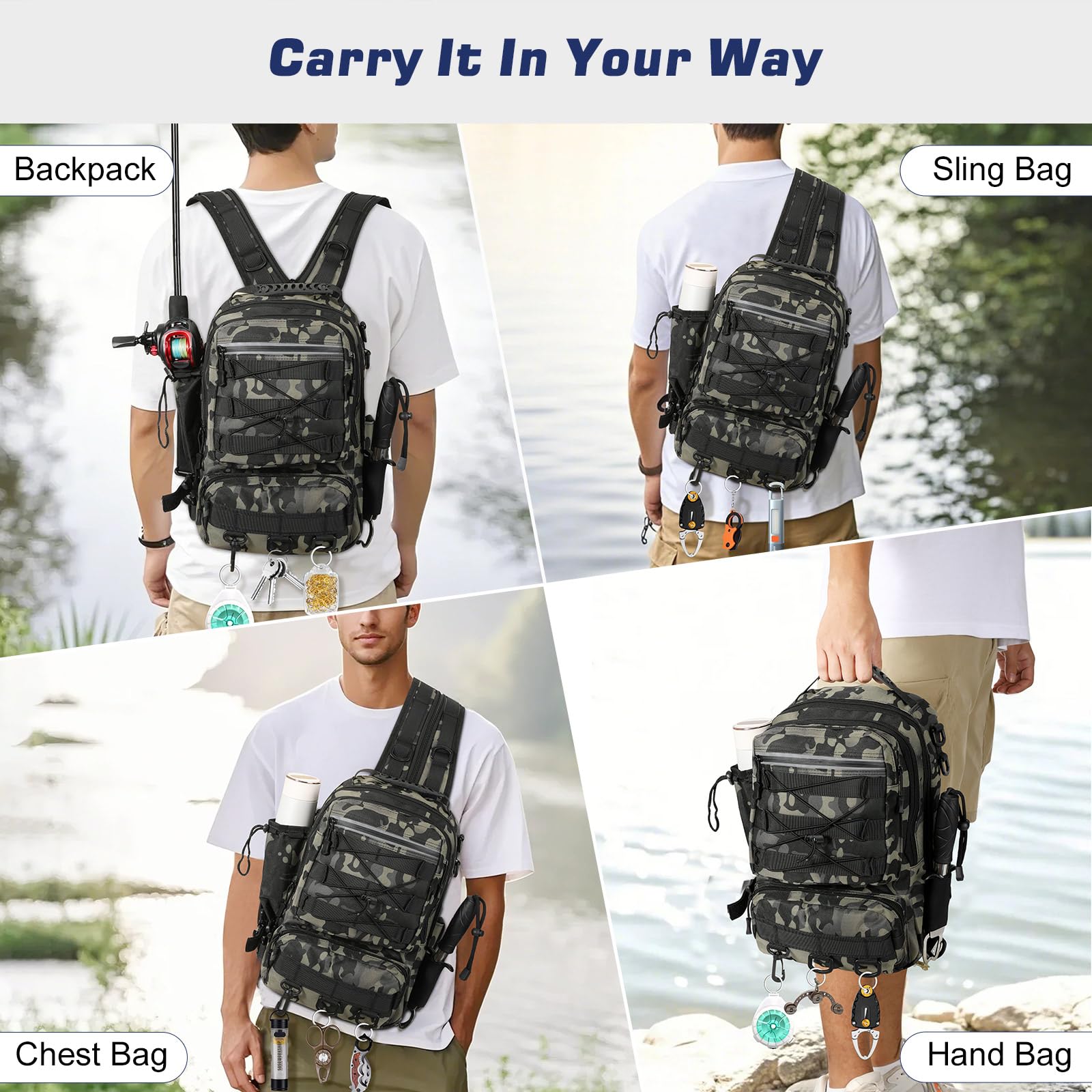 Front pocket with reflective strip on MoKo fishing backpack