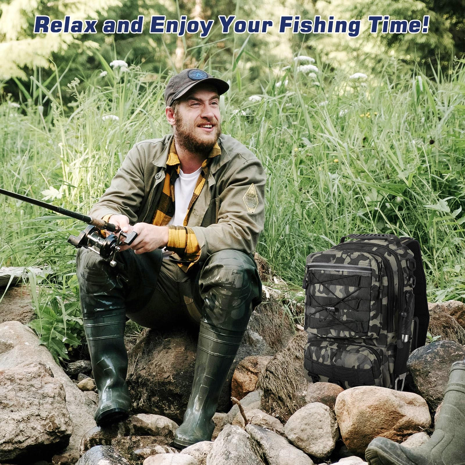 Fully loaded MoKo fishing backpack ready for a fishing trip