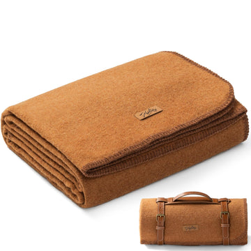 Molithe wool blanket folded for compact travel warmth.