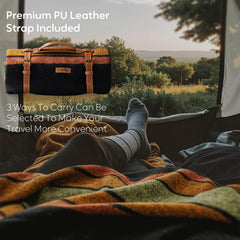 Molithe wool blanket outdoors at a campsite, showcasing warmth