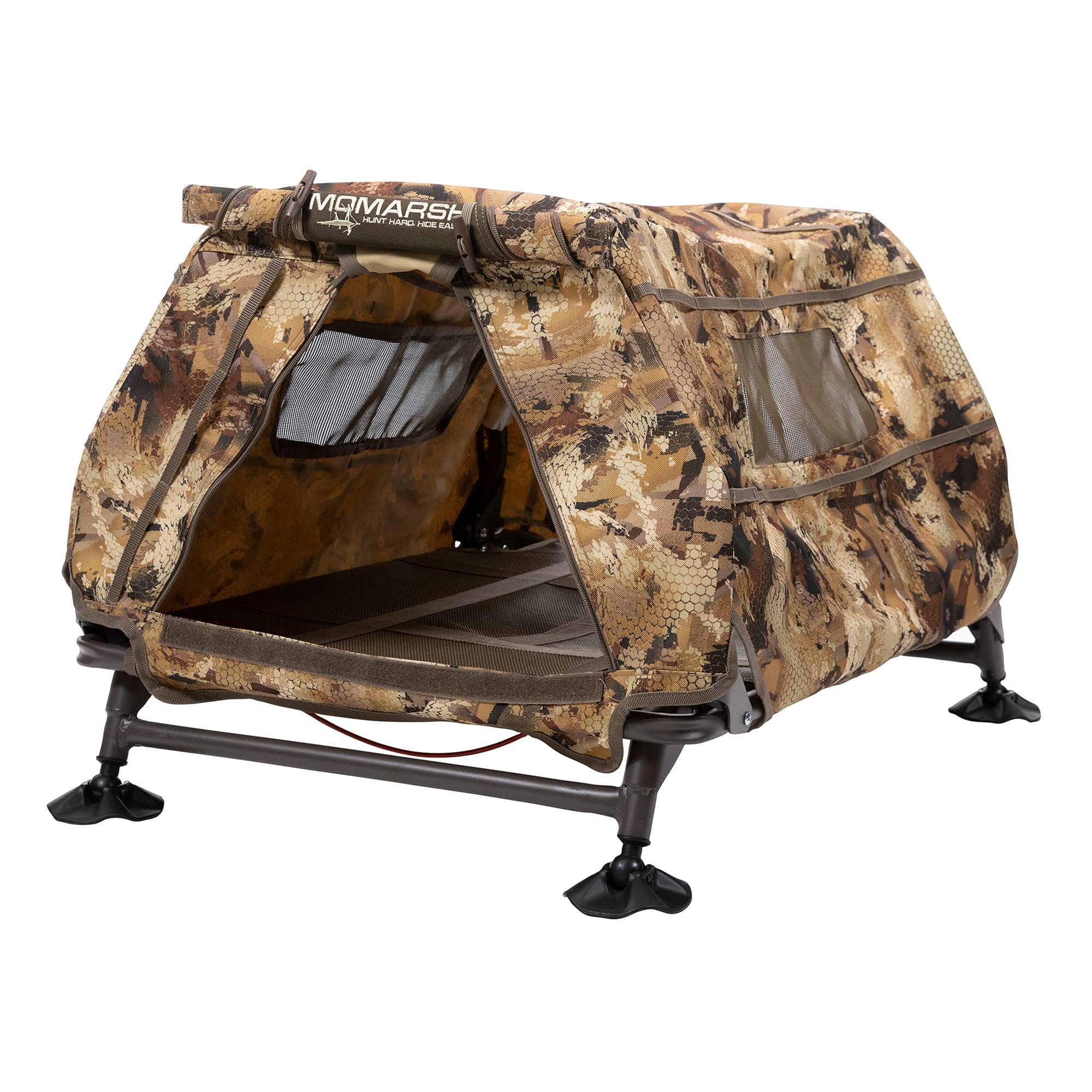 Momarsh Field House LP cot-floor elevates dog off ground for dry shelter.