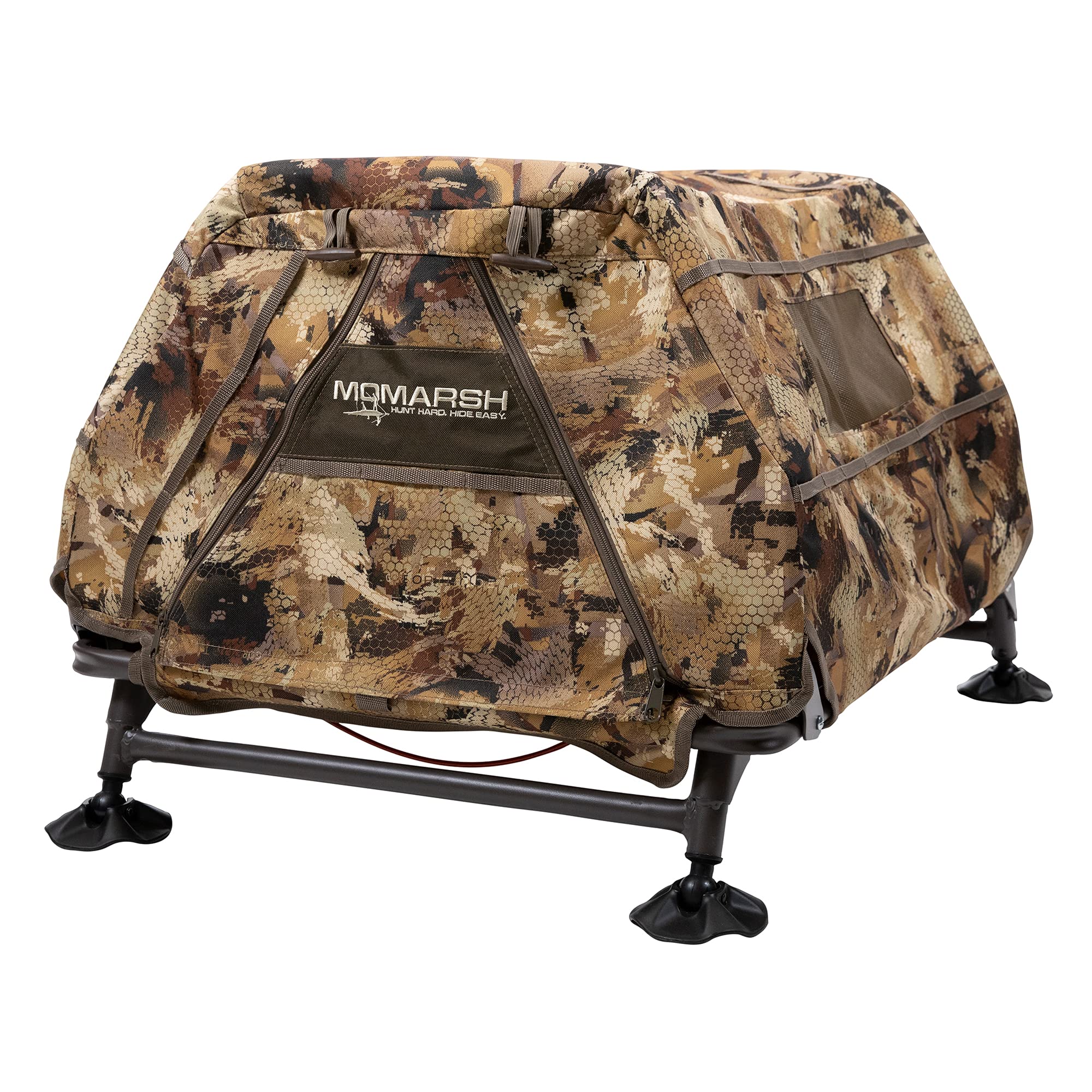 Momarsh Field House LP dog blind setup with cot-style floor for dry comfort.
