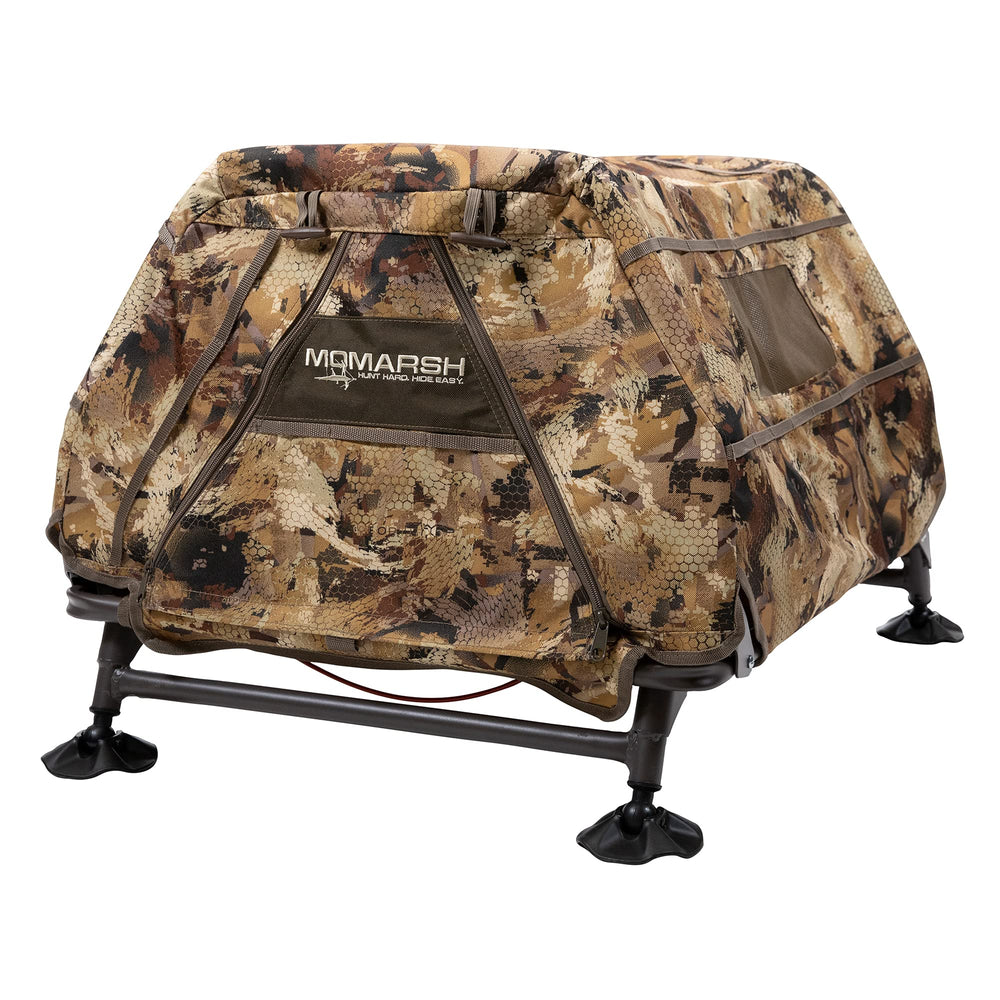 Momarsh Field House LP dog blind setup with cot-style floor for dry comfort.