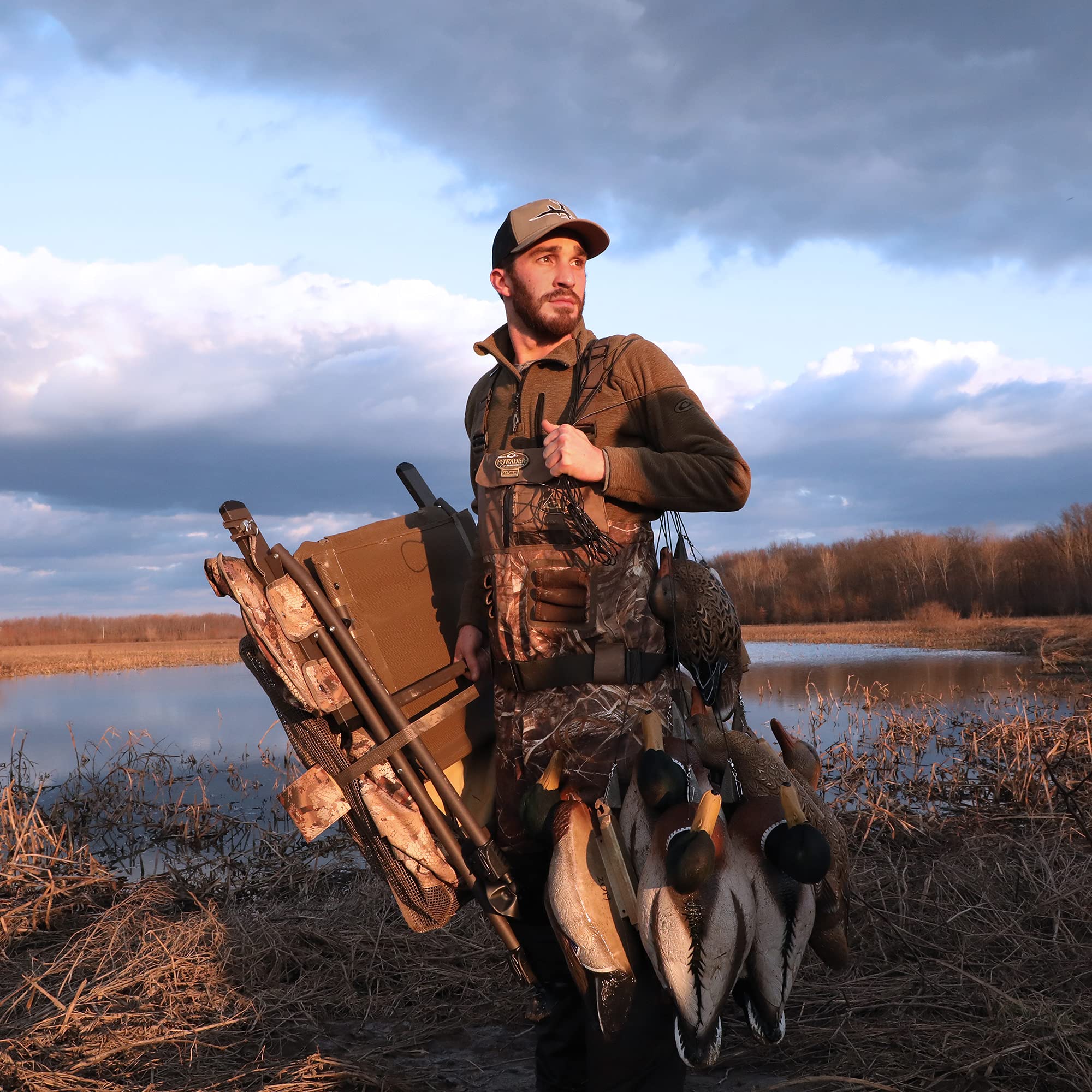 Momarsh Invisi Chair Blind System backrest storage pouch keeps birds and gear close at hand.